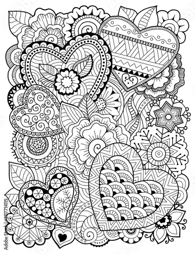 Coloring book for adult. Fantasy doodle flowers on a white background. Valentines day hearts doodle line art coloring book page, ornate romantic floral pattern with heart shapes