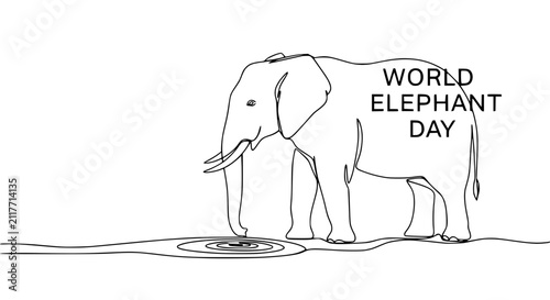 Foto World Elephant Day - Minimalist Line Art of an Elephant Drinking Water