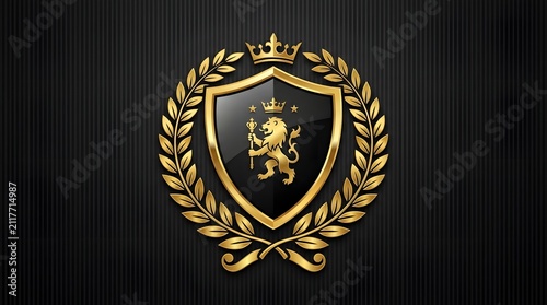 Luxury golden shield emblem with a lion crest surrounded by a laurel wreath on black background