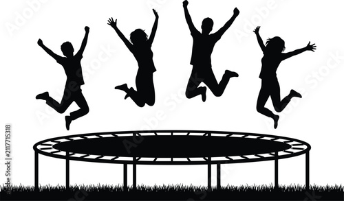 Silhouette of Happy People Jumping on a Trampoline Outdoors in Celebration and Joy