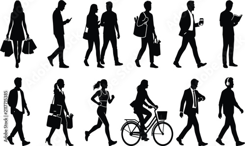 Walking People Silhouettes Set of Pedestrians Commuters Shoppers Jogger and Cyclist for Urban Life Design