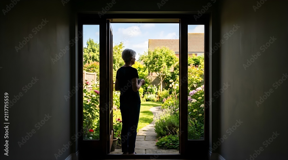 Fototapeta premium Mature woman holding a coffee cup standing in a garden doorway at home