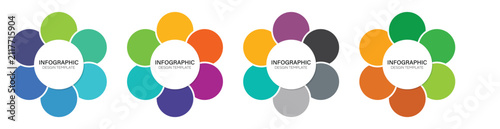 Collection of 4 vector circle chart templates for infographics with 6 options. The pie chart is divided into 6 parts. Process diagram, 6 options. Vector illustration.