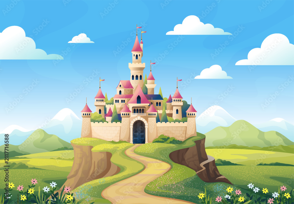 Fototapeta premium Medieval background. Fantasy kingdom, fairytale cloud on magic hill, old king road in mountains. Castle landscape. Fortress on hill with towers. Vector scene cartoon isolated illustration