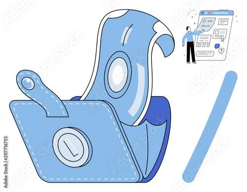 Open wallet with paper money and a person managing digital finances vector illustration. Personal finance, budget planning, banking, investment, savings, wealth management. Cash in leather billfold