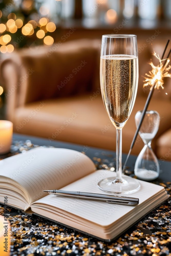 Obraz premium Cozy New Year celebration at home with champagne flute, open notebook and sparkler on table
