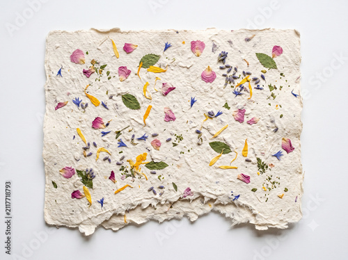 Handmade paper sheet with dried flowers and green leaves for creative craft design