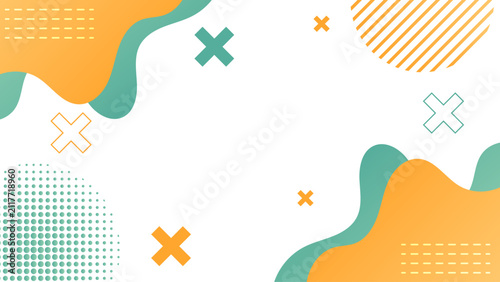 Colorful Memphis Abstract Fluid Wave Vector Background, Yellow and Teal Organic Shapes Frame with Cross Accents and Halftone Dots 