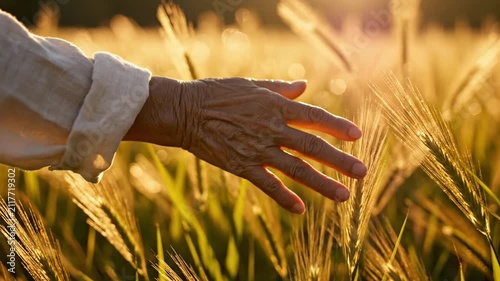 Senior hand touching golden wheat field during sunset