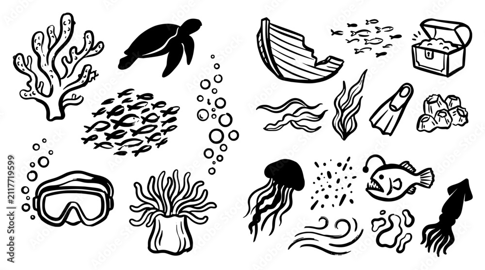 Obraz premium Ocean life and underwater icons black vector set