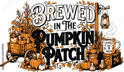 Autumn pumpkin patch sign with harvest and beer theme isolated on transparent background, Vector, illustration
