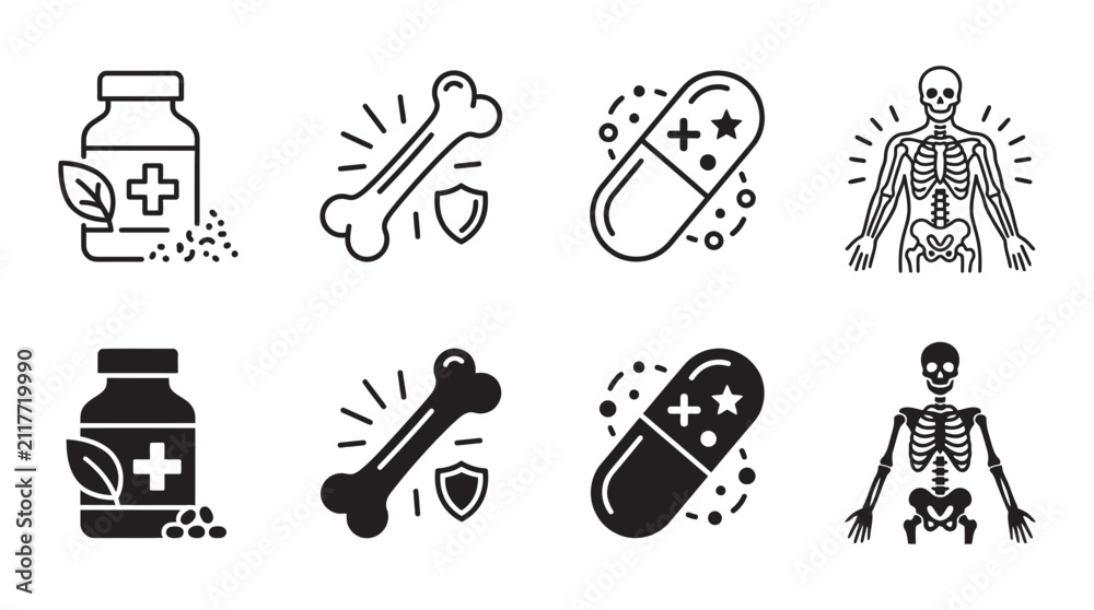 Fototapeta premium Medical health care and skeletal system icon set with skeleton pharmacy medicine healthcare supplement treatment