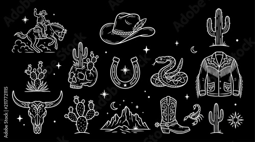 Obraz na płótnie Western Cowboy Line Art Vector Icon Set on Black Background