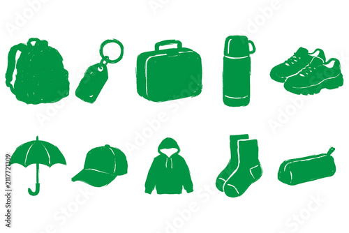 Green hand drawn student accessories and personal clothing outfit clipart bundle isolated on transparent background