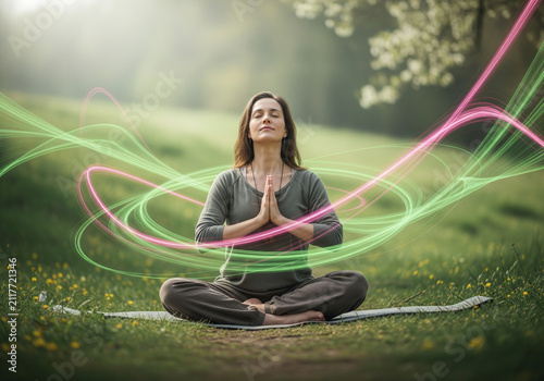 Woman meditating outdoors mindfulness wellness and positive energy concept