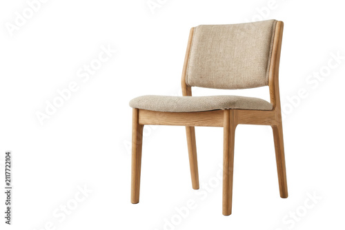 Modern wooden chair with beige fabric upholstery