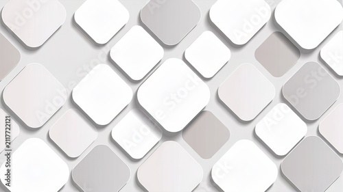 Abstract background, with rounded square, shapes arranged in, a grid pattern, featuring soft white, and light gray, gradients with drop, shadows to create, a three-dimensional effect