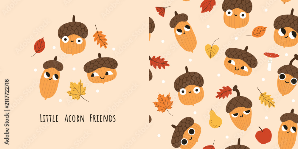 Fototapeta premium Funny acorn character set with seamless autumn pattern. Cute woodland nuts, fall leaves and seasonal elements for fabric, nursery decor, wrapping paper, stickers and vector illustration.