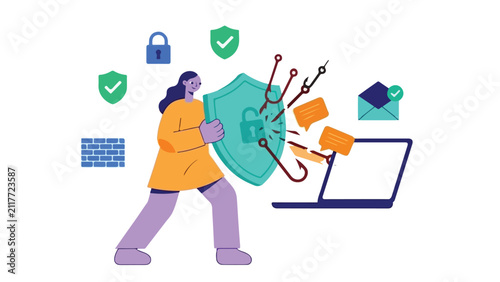 Fotografie A flat of a person holding a shield to protect a laptop from phishing hooks, mes