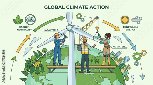 Global climate action illustration with wind turbines and Earth.