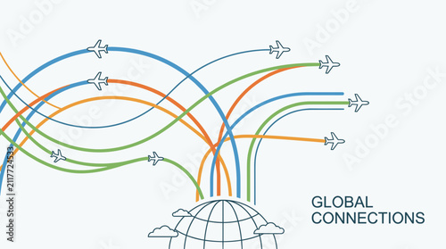 Global connections flight paths over world globe vector.