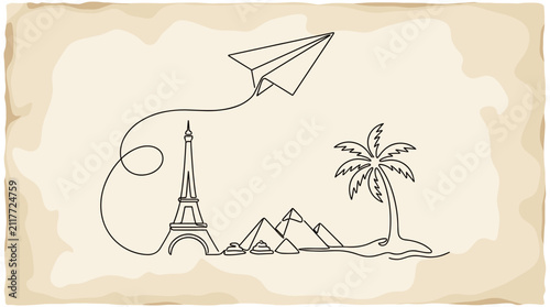 Global travel landmarks sketch on vintage background.