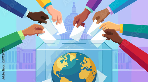 Global voting concept with diverse hands and ballot box.
