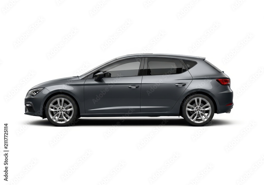 Naklejka premium Modern Dark Grey Hatchback Car Side View Isolated on White Background - Sleek Compact Vehicle for Automotive Design