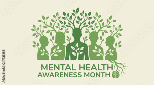 Green tree silhouette with people for mental health awareness.