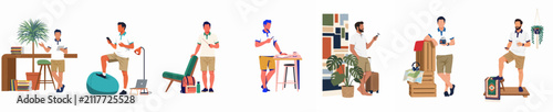 Foto Modern flat vector illustration set of a man in various lifestyle scenarios including remote work, travel, study, and leisure activities