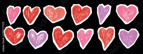 Set of drawn heart shapes in scrapbook collage style. Set of color scrap grunge pencil elements. Graphic grunge scrap stickers