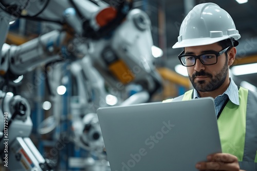 Engineer wearing hard hat and safety glasses uses laptop checklist dashboard in robotic factory, reviewing inspection, safety compliance, quality control, manufacturing verification process.