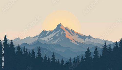 Elegant vector of a sharp summit with warm alpenglow and pine silhouettes, designed for premium outdoor logos, apparel graphics, travel posters, labels, packaging, and decor.