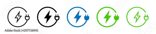 Car charging point icon. Electric plug symbol. Electricity sign. Green energy vector illustration. Wire with plug and lightning bolt icon. EV charging station and power technology concept.