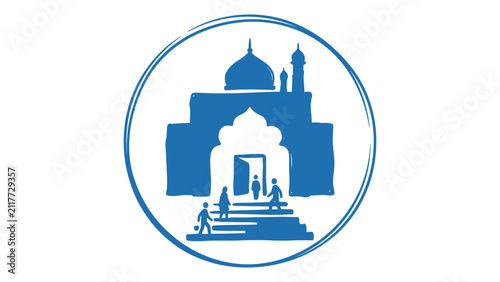 Cuadro en lienzo Blue vector icon of a mosque with people walking up stairs inside a circular fra