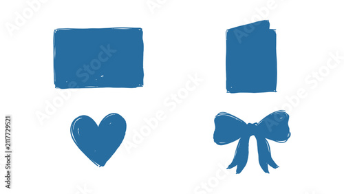 Hand drawn blue vector design elements set with card heart and bow ribbon for greeting card and invitation decoration
