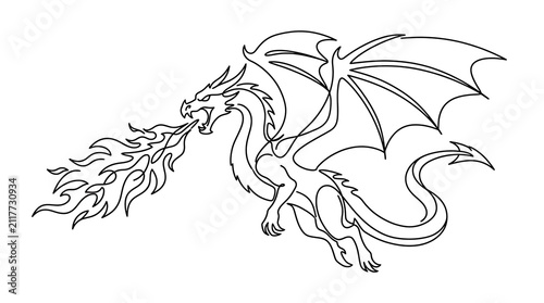 Minimalist Continuous Line Art Fire Breathing Dragon Vector