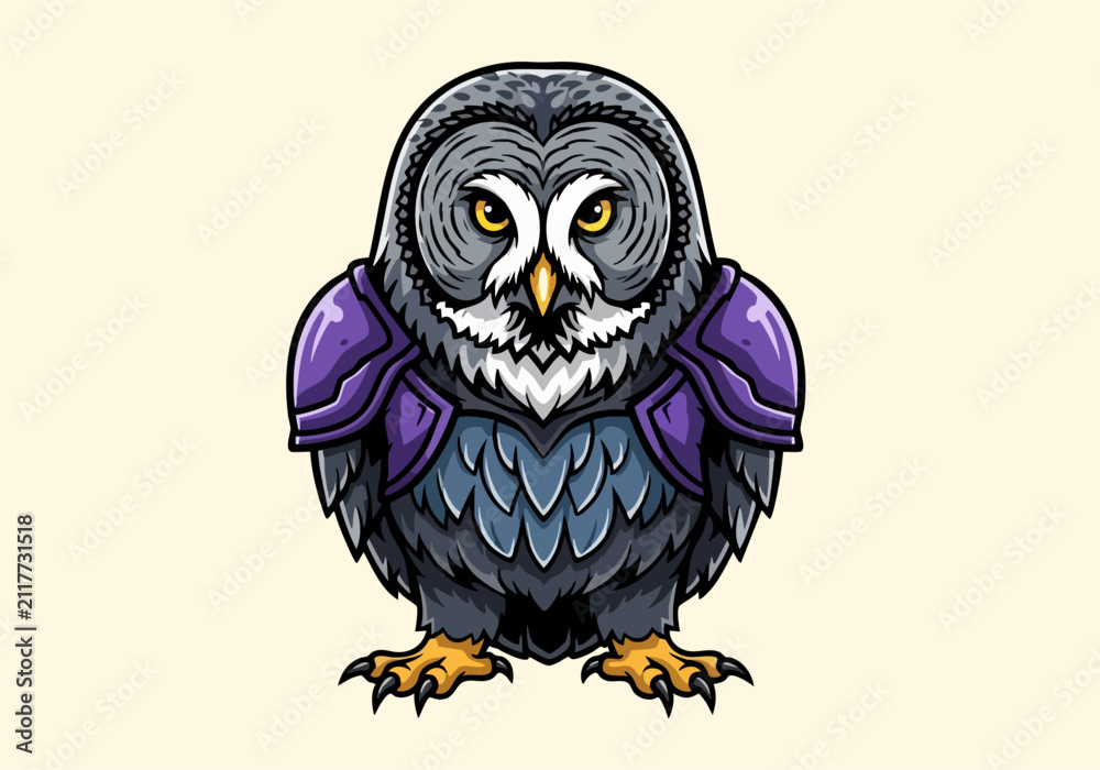 Fototapeta premium Armored Owl with Purple and Blue Feathers and Claws