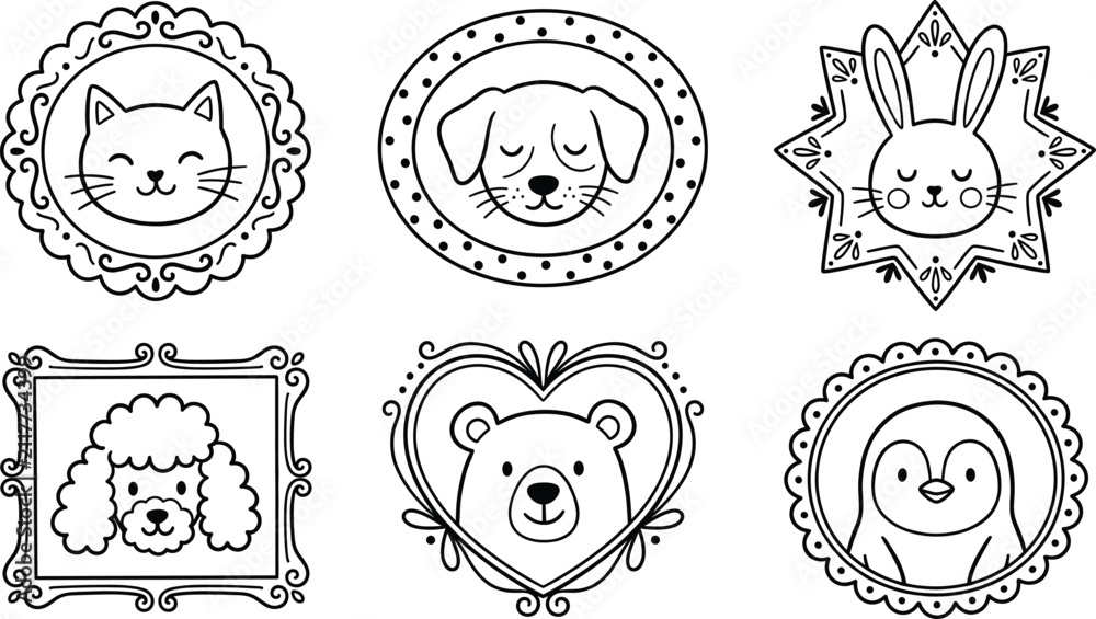 Fototapeta premium Cute set of hand drawn animal portraits inside decorative frames vector line art illustration