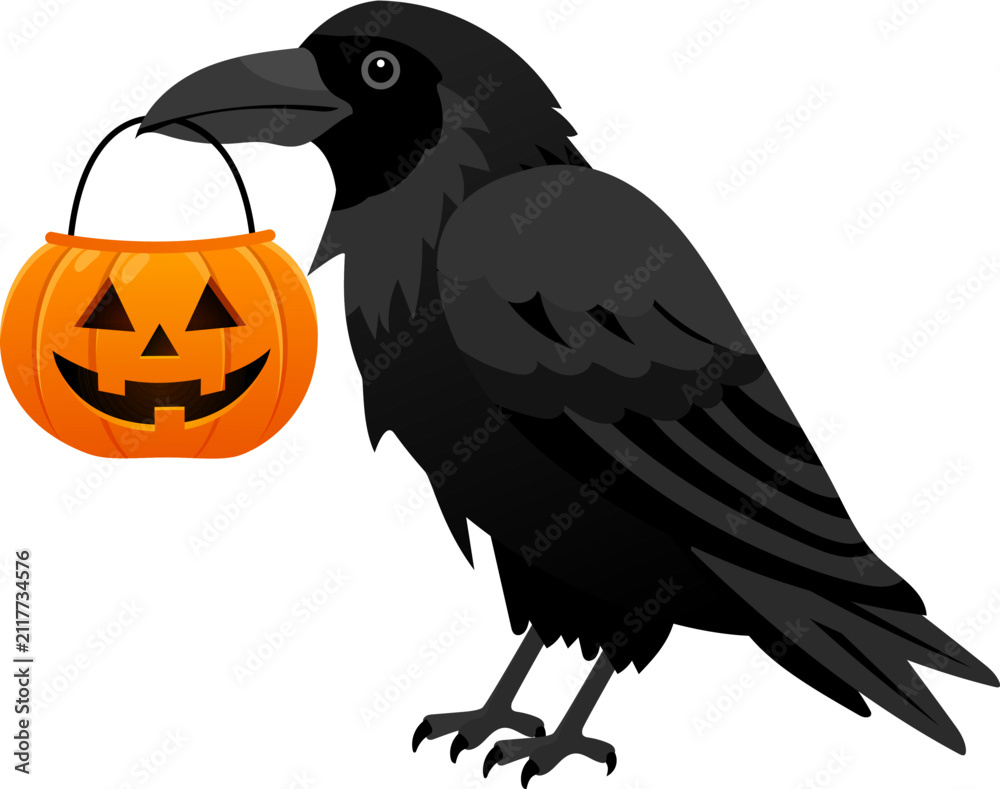 Fototapeta premium Halloween pumpkin crow black bird orange bucket jack o lantern spooky decoration autumn festival trick or treat Halloween symbol festive container