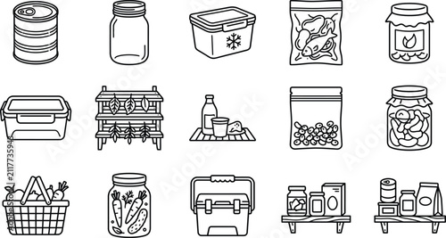 Set of Various Food Preservation and Storage Line Art Icons