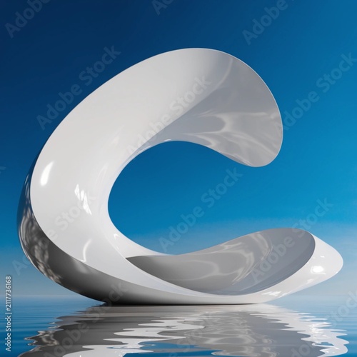 A futuristic white abstract infinity sculpture against a blue sky