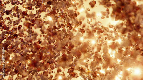 Gems and particles shine brightly in a warm, red background that mimics the look of fire stones