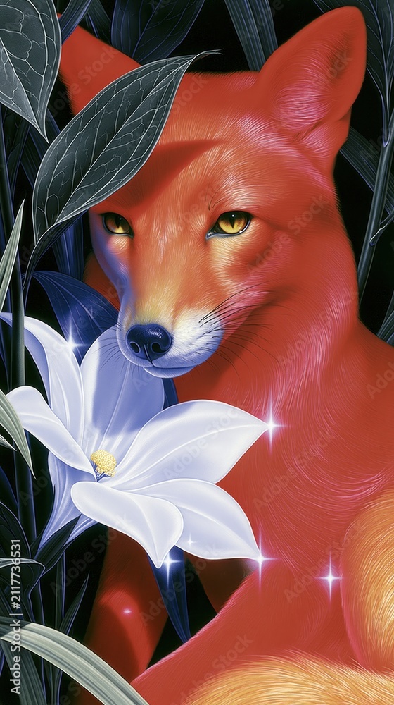 Fototapeta premium Vibrant fox with a white flower, ideal for a mobile wallpaper.