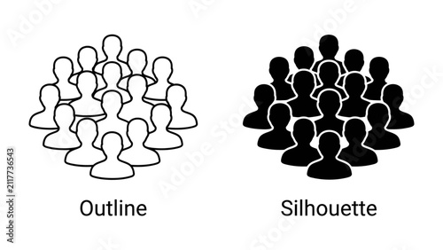 Group Representation: Two distinct icons representing a group of people, one in outline and the other in silhouette, illustrating different visual styles for depicting crowds or communities.