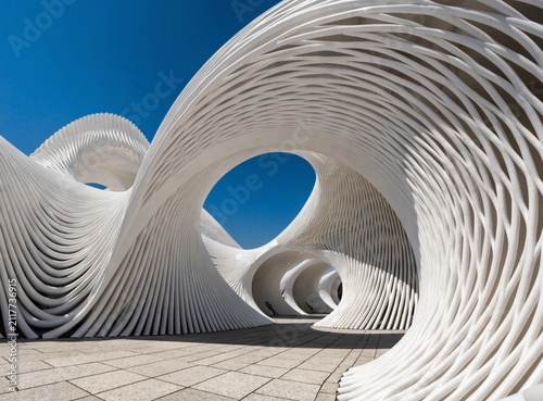 A futuristic white organic architecture arch pavilion against a blue sky