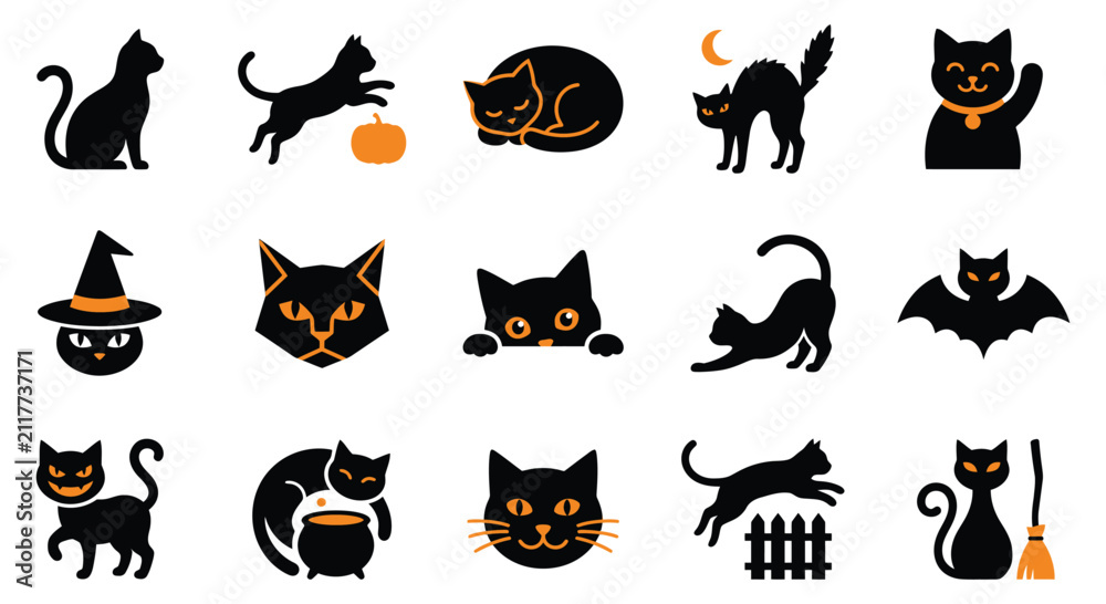 Obraz premium Set of cute black cat stickers for halloween featuring various poses and festive holiday elements isolated on a white background