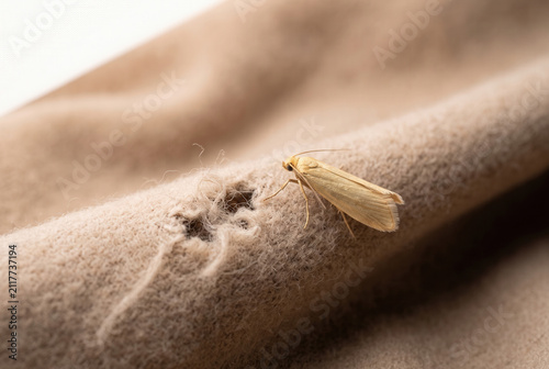 Clothes Moth Resting on Damaged Wool Fabric
