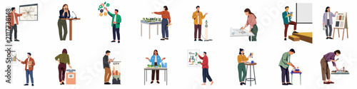 Collection of diverse flat character illustrations depicting urban planners, architects, and citizens engaged in city development, presentations, and community participation activities.