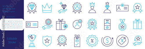 VIP Status and Loyalty Program duotone Icons Set – Premium Membership, Rewards, Crown, Diamond, Badge, Medal, Gift, Trophy and Exclusive Member Symbols with Editable Stroke Vector Collection, blue